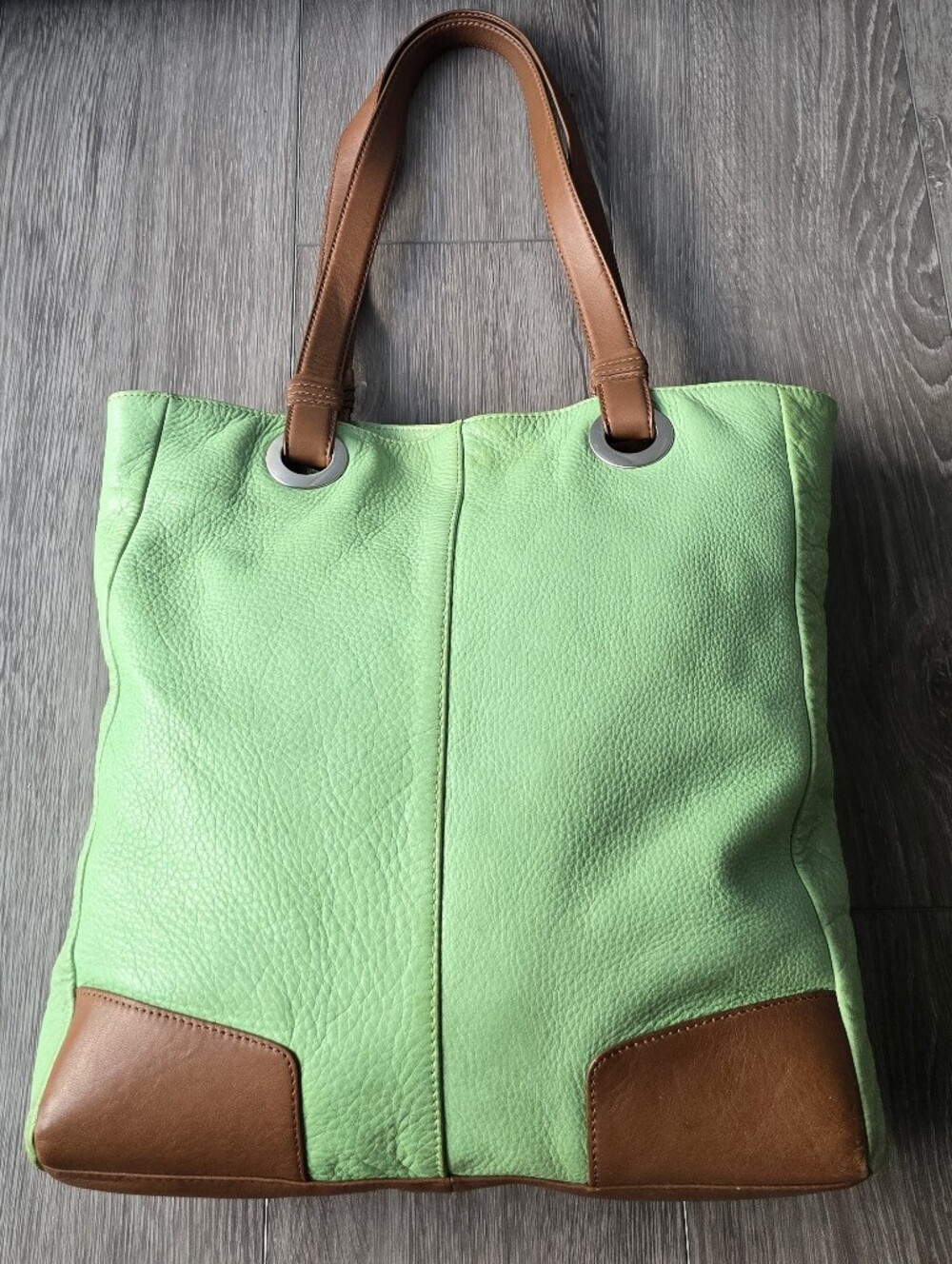 Mint Apple Green Coldwater Creek Pebbled Leather Tote Cognac Trim Shoulder Bag